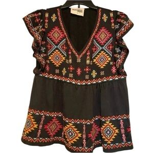 Savannah Jane Womens Boho Embroidered short Sleeve Peasant Pullover small top